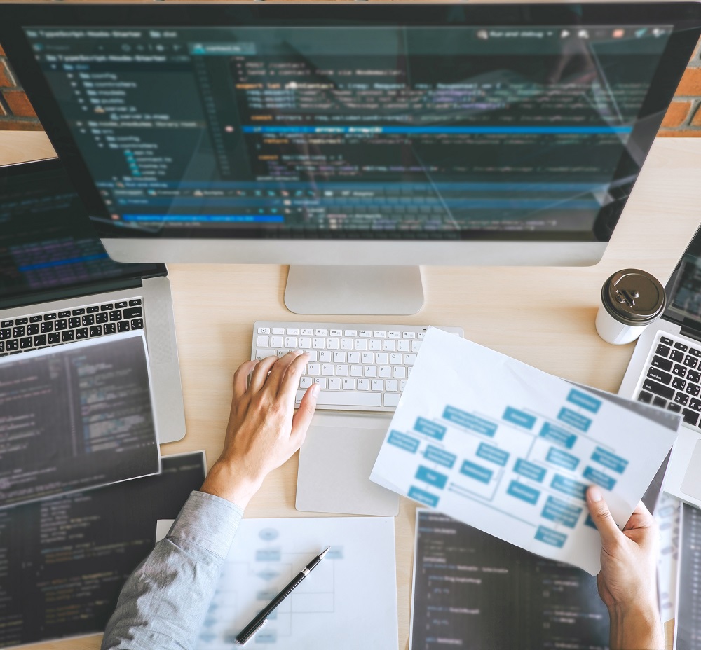 Webentwickler sitzt an seinem Schreibtisch im Büro für Webdesign und entwickelt den Ablaufplan für die neue Webseite eines Kunden